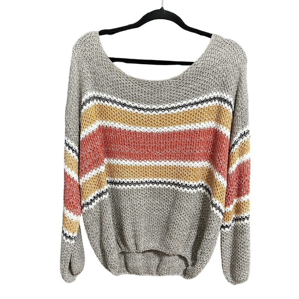Eesome gray striped long sleeve boat neck sweater woman’s small, 1421